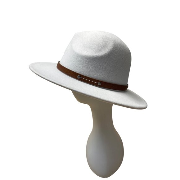 White Wool Hat With Brown Faux Leather Band Size 57 - Picture 1 of 12